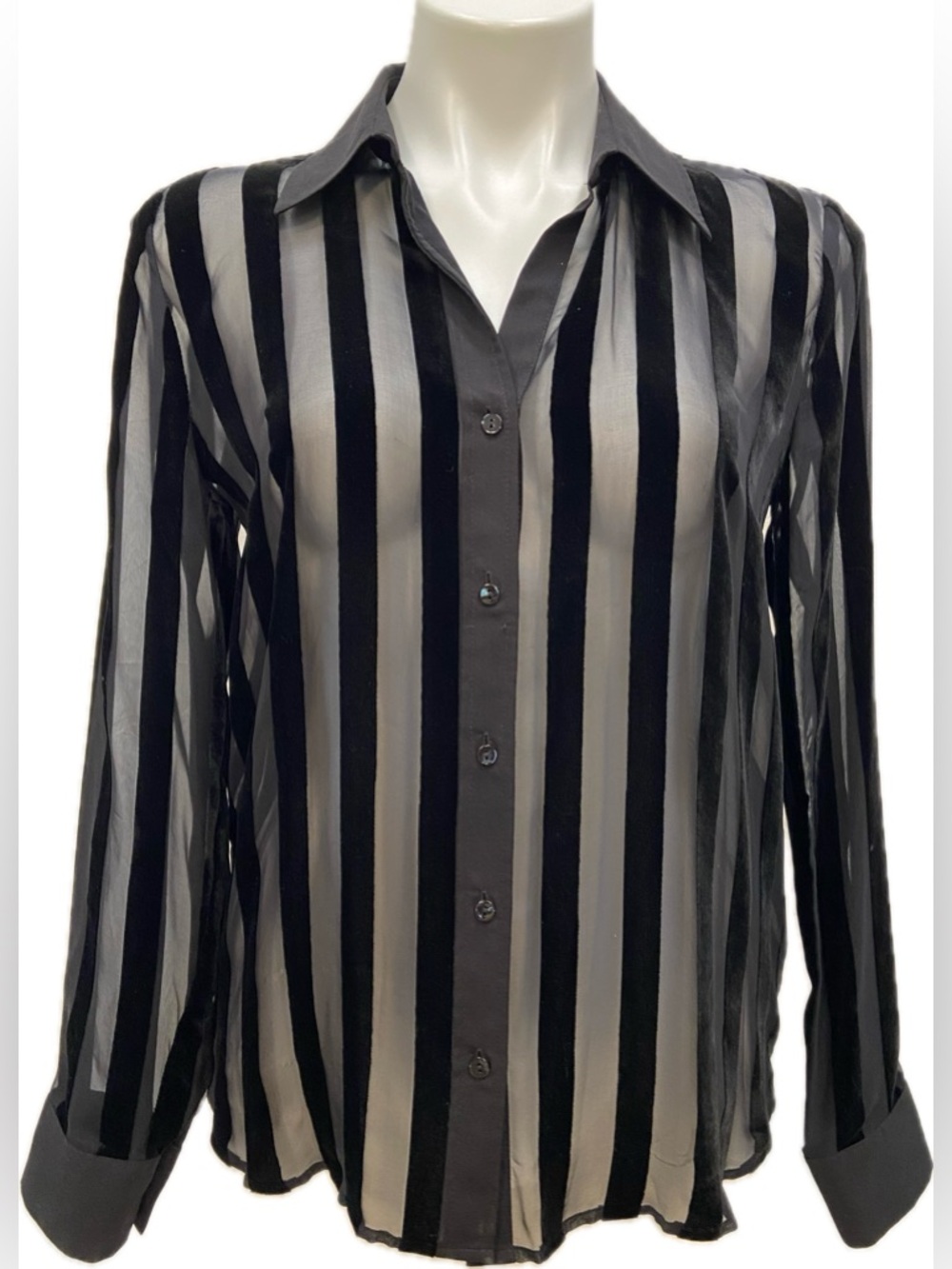 L’AGENCE HAILIE BLACK SHEER VELVET SILK BLEND LONG SLEEVE STRIPED BLOUSE TOP